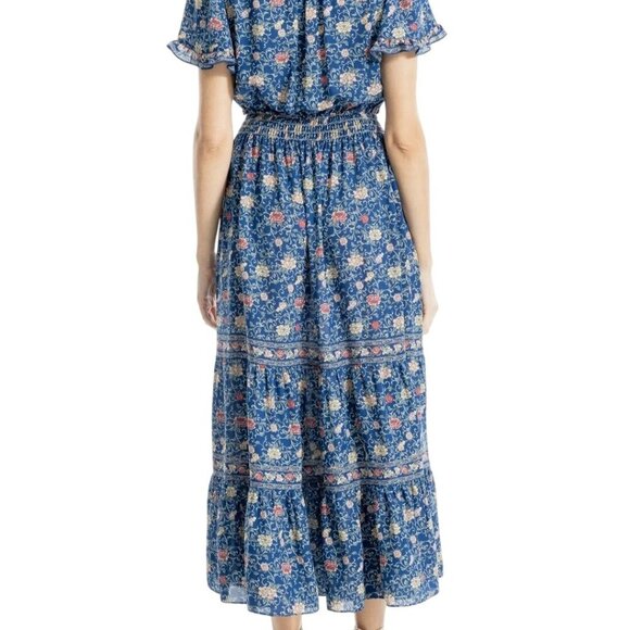 Max Studio Floral Tiered Maxi Dress Blue Yellow Ruffled Ribbon Detail Size S - Picture 4 of 9